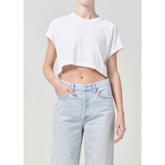 Agolde Aiden Solid White Organic Cotton Cropped Short Sleeve Crewneck Tee XS - Picture 1 of 12